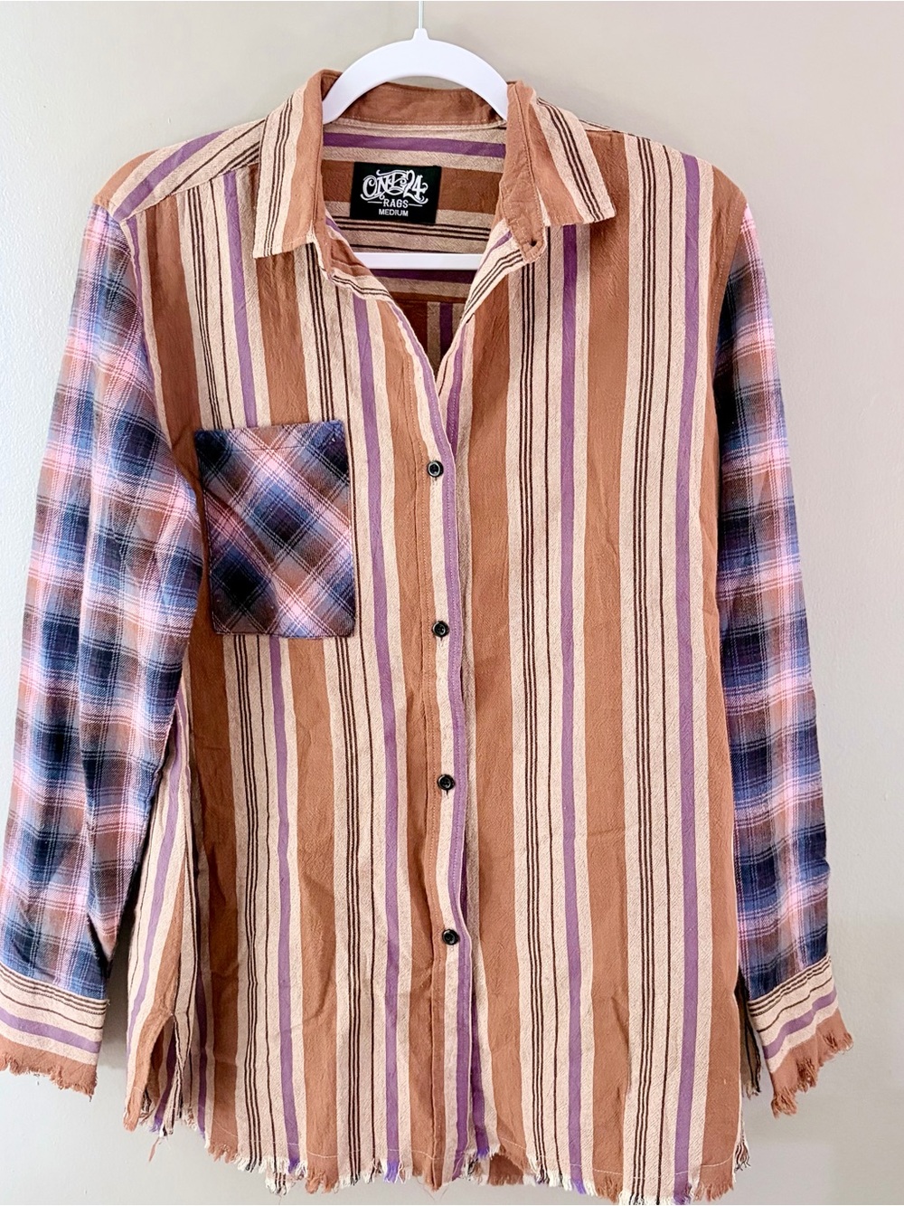 One 24 Rags Medium Striped Plaid Long Sleeve Button Down Shirt Frayed Hem
